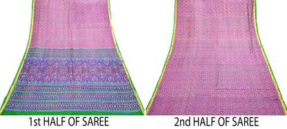 Indian Vintage Pure Silk Saree Fabric Pink & Green Floral Print Craft Silk 5 Yards for Sewing, Quilting, Dressmaking,Upcycled Boho Textile