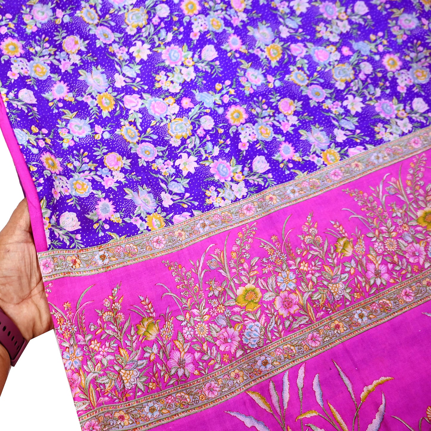 Indian Vintage Pure Silk Saree Fabric Purple & Pink Floral Print Silk 5 Yards Boho Textile for Sewing, Quilting Upcycling Crafts