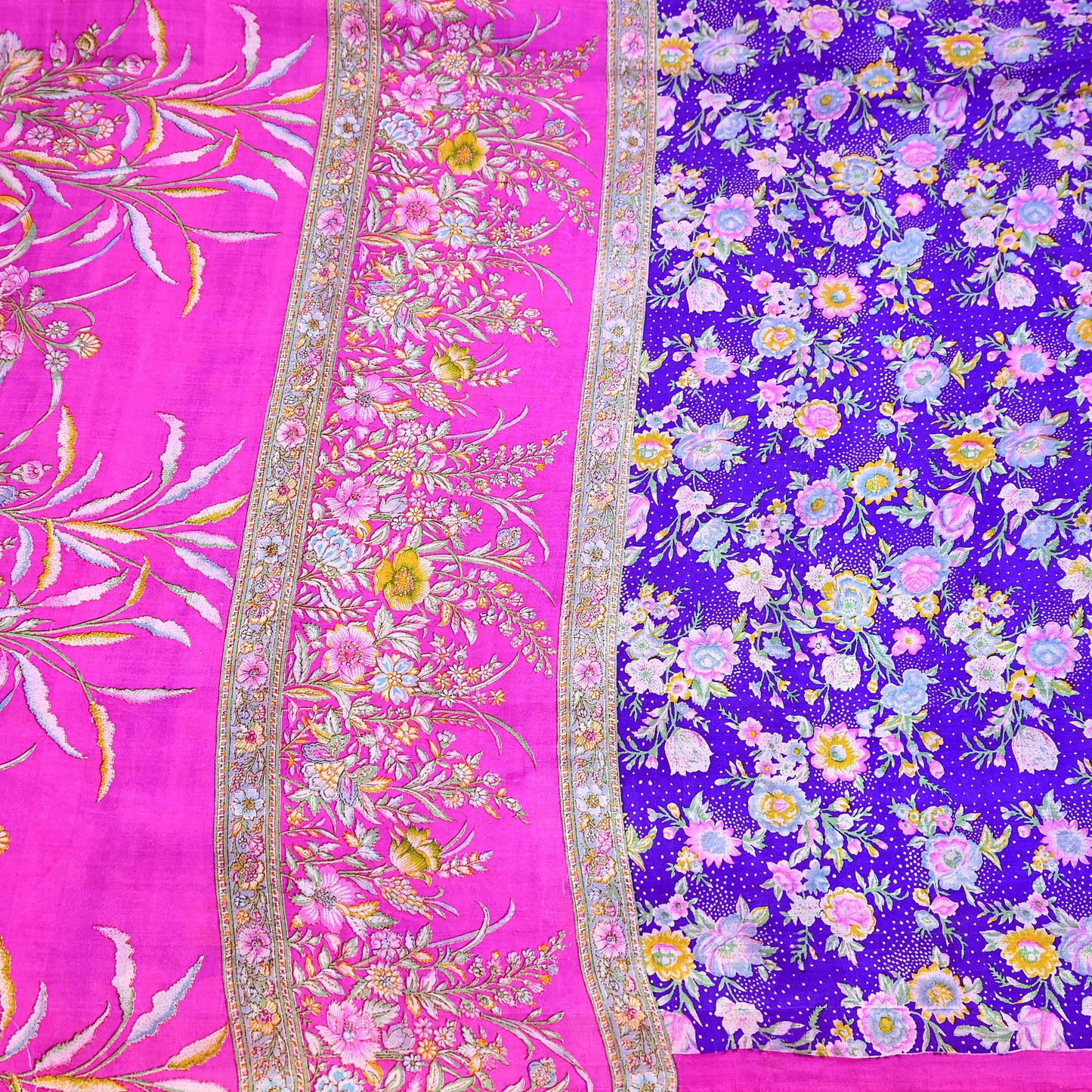 Indian Vintage Pure Silk Saree Fabric Purple & Pink Floral Print Silk 5 Yards Boho Textile for Sewing, Quilting Upcycling Crafts