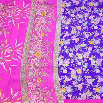 Indian Vintage Pure Silk Saree Fabric Purple & Pink Floral Print Silk 5 Yards Boho Textile for Sewing, Quilting Upcycling Crafts