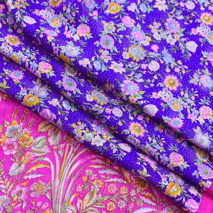 Indian Vintage Pure Silk Saree Fabric Purple & Pink Floral Print Silk 5 Yards Boho Textile for Sewing, Quilting Upcycling Crafts
