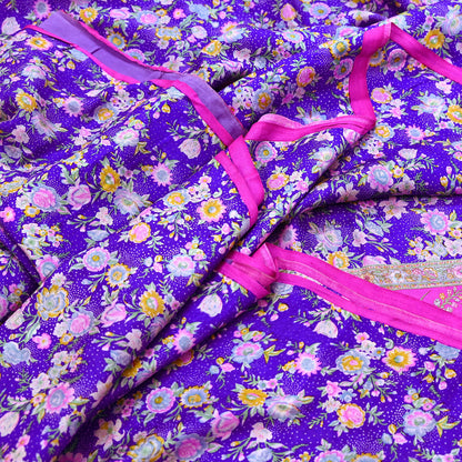 Indian Vintage Pure Silk Saree Fabric Purple & Pink Floral Print Silk 5 Yards Boho Textile for Sewing, Quilting Upcycling Crafts
