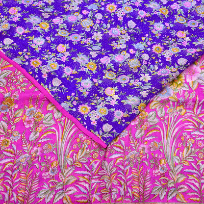 Indian Vintage Pure Silk Saree Fabric Purple & Pink Floral Print Silk 5 Yards Boho Textile for Sewing, Quilting Upcycling Crafts