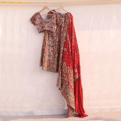 Indian Heavy Wedding Red Pure Satin Silk & Pure Georgette Silk Hand Embroidered Lehenga 3pcs Set Designer By Manish Malhotra Party Wear