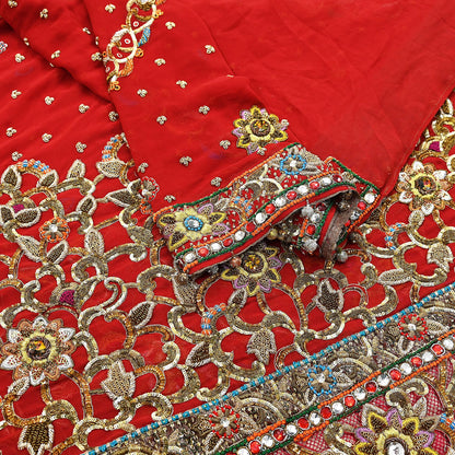 Indian Heavy Wedding Red Pure Satin Silk & Pure Georgette Silk Hand Embroidered Lehenga 3pcs Set Designer By Manish Malhotra Party Wear