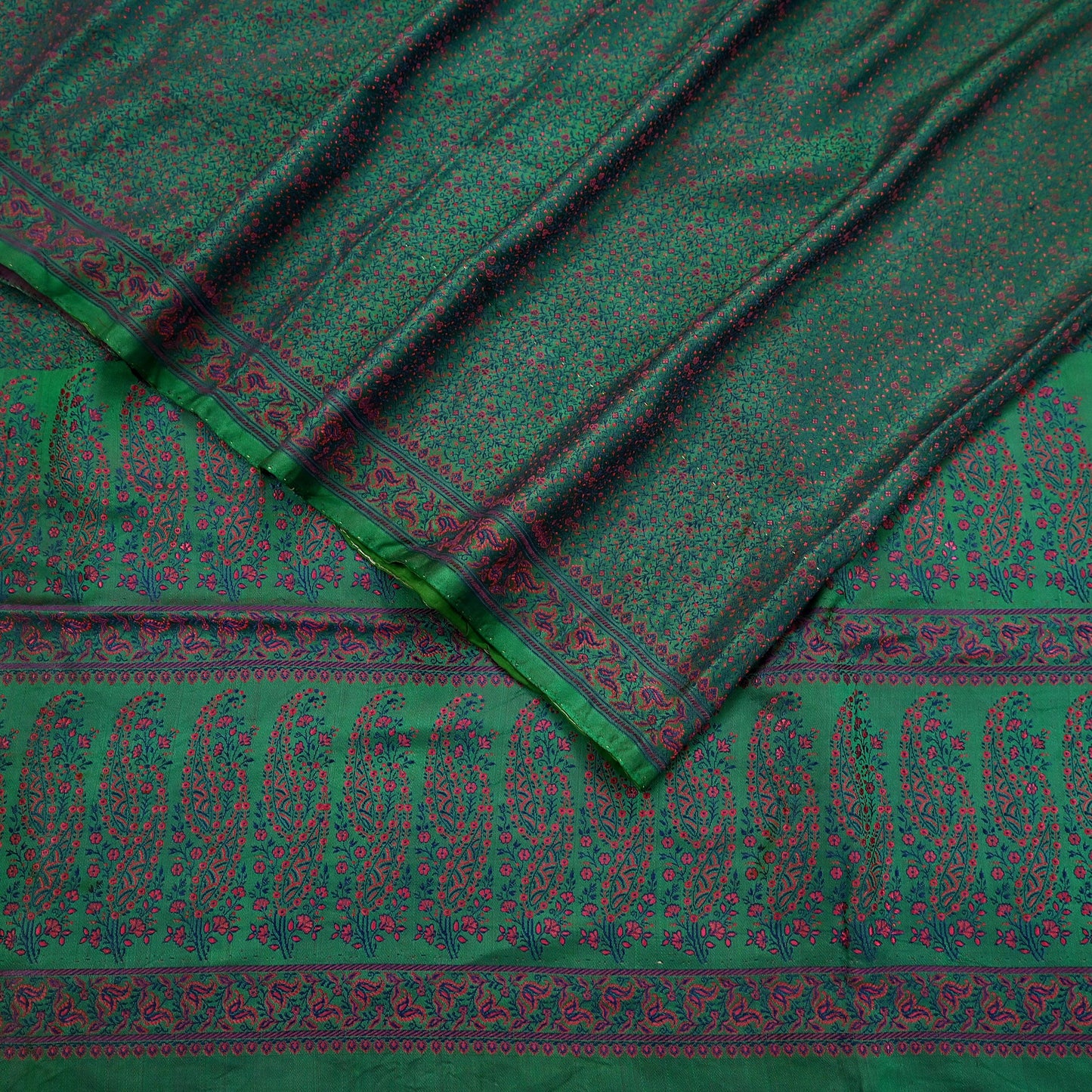 Vintage Green Banarasi Silk Saree Pure Satin Silk Handwoven Tanchoi Fabric with Paisley Weave 5 Yard Dressmaking Craft Material