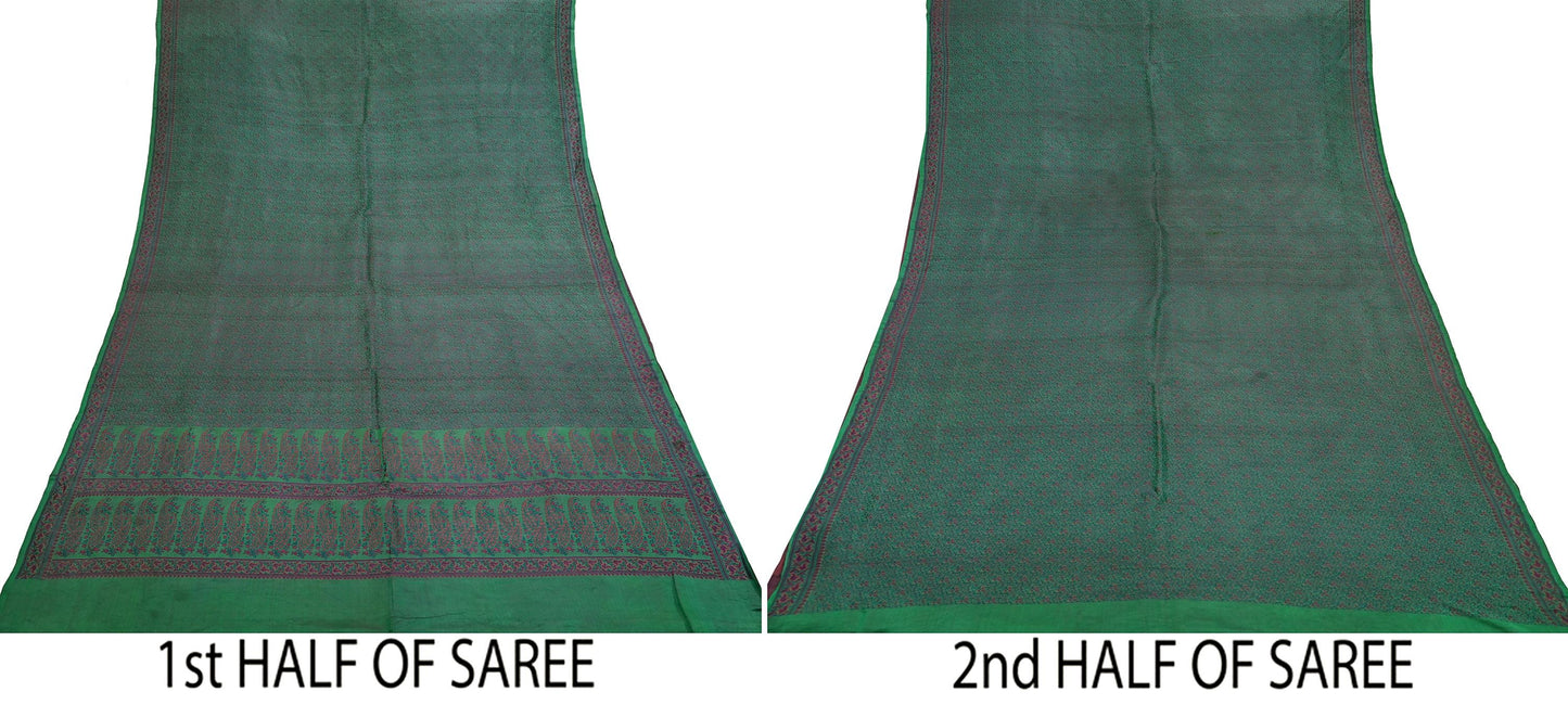 Vintage Green Banarasi Silk Saree Pure Satin Silk Handwoven Tanchoi Fabric with Paisley Weave 5 Yard Dressmaking Craft Material