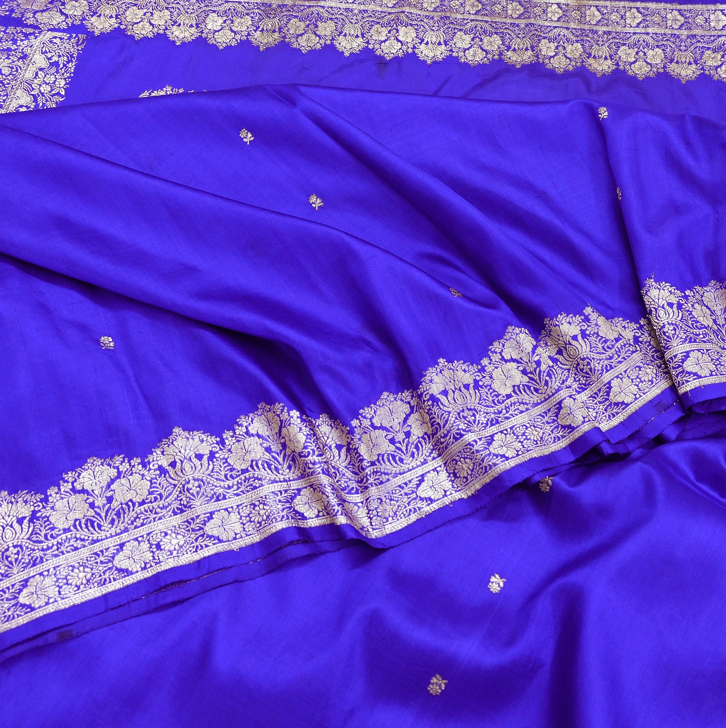 Vintage Royal Blue Banarasi Silk Saree Pure Satin Silk Brocade Fabric with Gold Zari 6 Yard Indian Wedding Craft Material
