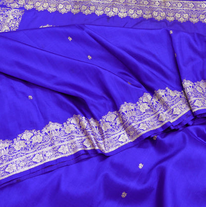 Vintage Royal Blue Banarasi Silk Saree Pure Satin Silk Brocade Fabric with Gold Zari 6 Yard Indian Wedding Craft Material