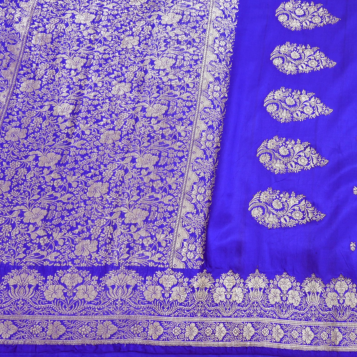 Vintage Royal Blue Banarasi Silk Saree Pure Satin Silk Brocade Fabric with Gold Zari 6 Yard Indian Wedding Craft Material