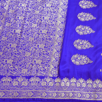 Vintage Royal Blue Banarasi Silk Saree Pure Satin Silk Brocade Fabric with Gold Zari 6 Yard Indian Wedding Craft Material