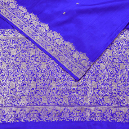 Vintage Royal Blue Banarasi Silk Saree Pure Satin Silk Brocade Fabric with Gold Zari 6 Yard Indian Wedding Craft Material