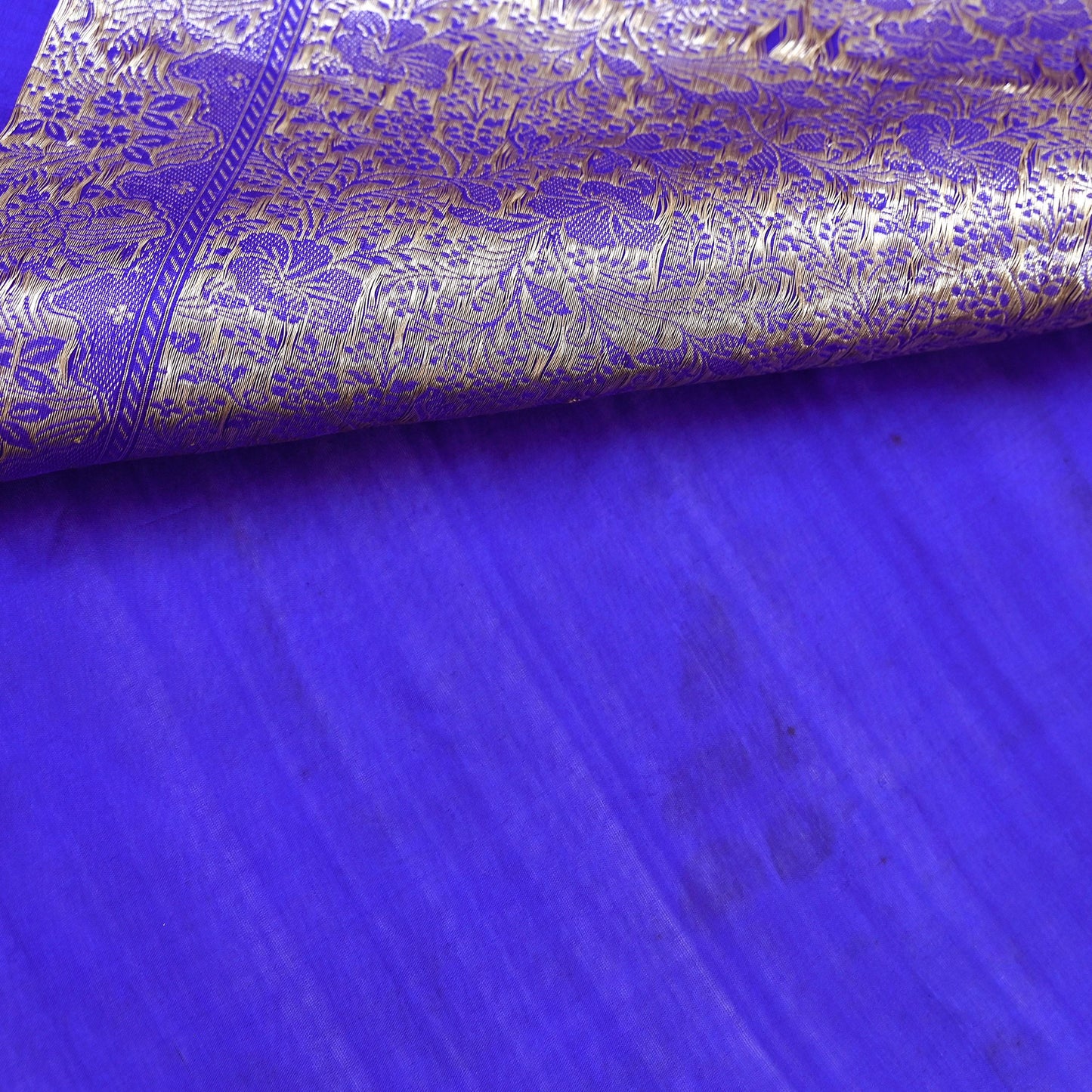 Vintage Royal Blue Banarasi Silk Saree Pure Satin Silk Brocade Fabric with Gold Zari 6 Yard Indian Wedding Craft Material