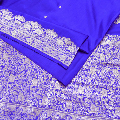 Vintage Royal Blue Banarasi Silk Saree Pure Satin Silk Brocade Fabric with Gold Zari 6 Yard Indian Wedding Craft Material