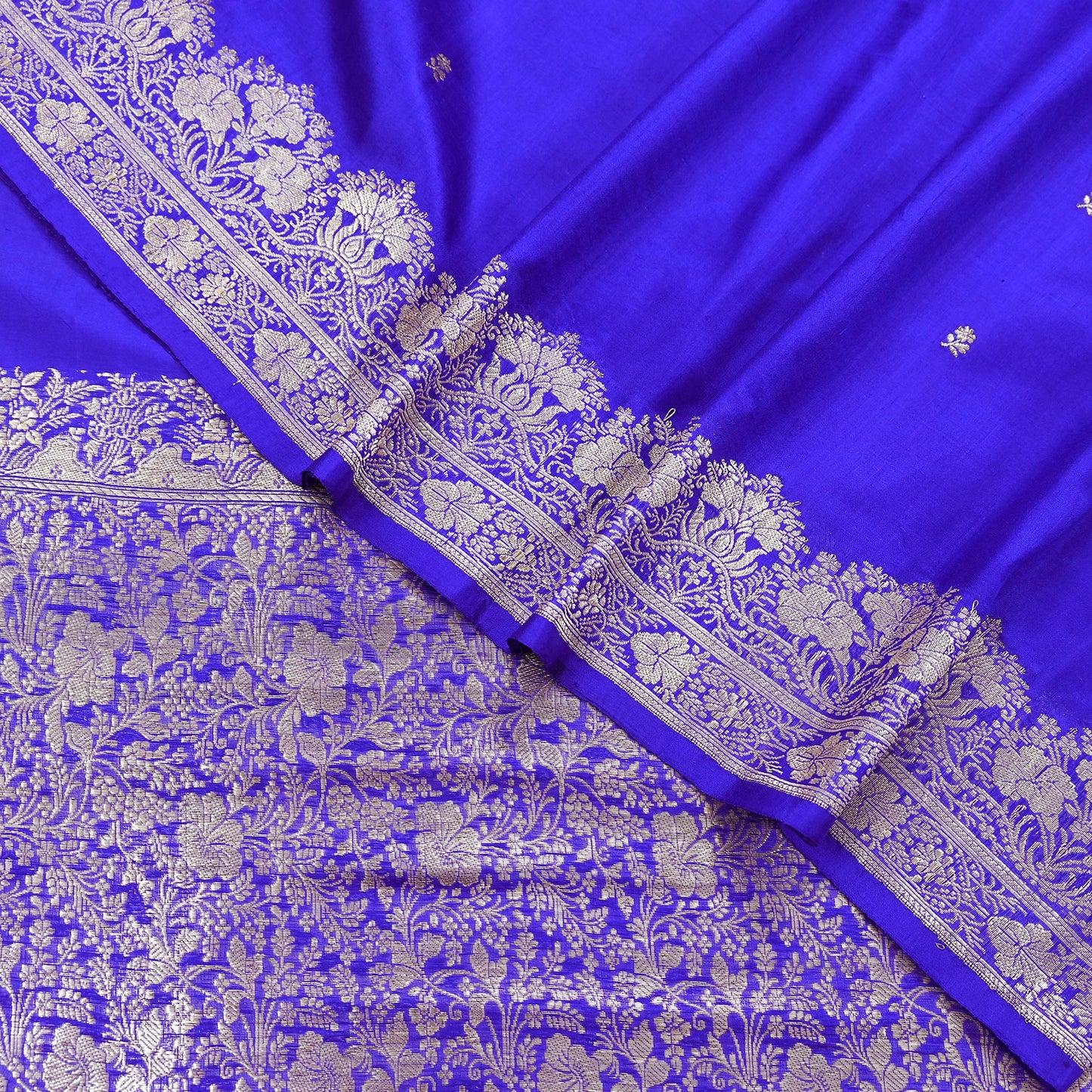 Vintage Royal Blue Banarasi Silk Saree Pure Satin Silk Brocade Fabric with Gold Zari 6 Yard Indian Wedding Craft Material