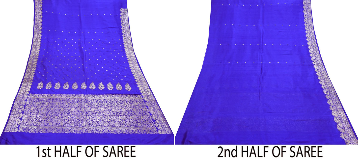 Vintage Royal Blue Banarasi Silk Saree Pure Satin Silk Brocade Fabric with Gold Zari 6 Yard Indian Wedding Craft Material