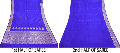 Vintage Royal Blue Banarasi Silk Saree Pure Satin Silk Brocade Fabric with Gold Zari 6 Yard Indian Wedding Craft Material