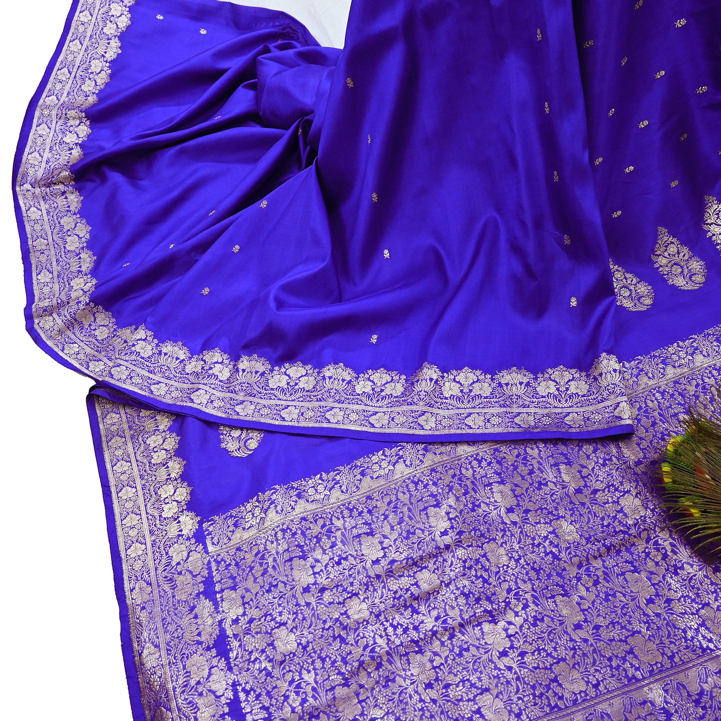 Vintage Royal Blue Banarasi Silk Saree Pure Satin Silk Brocade Fabric with Gold Zari 6 Yard Indian Wedding Craft Material