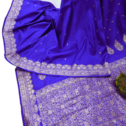 Vintage Royal Blue Banarasi Silk Saree Pure Satin Silk Brocade Fabric with Gold Zari 6 Yard Indian Wedding Craft Material