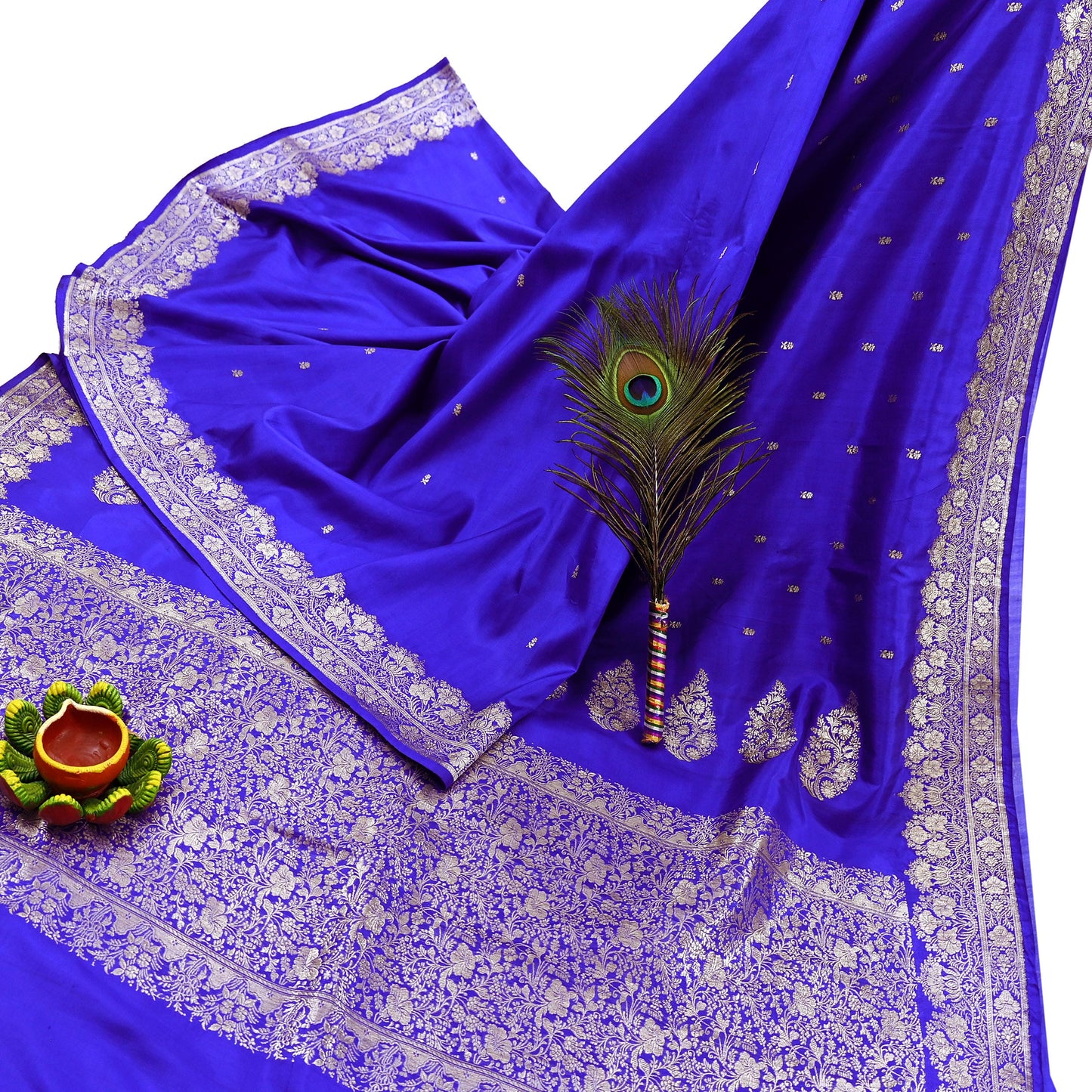 Vintage Royal Blue Banarasi Silk Saree Pure Satin Silk Brocade Fabric with Gold Zari 6 Yard Indian Wedding Craft Material