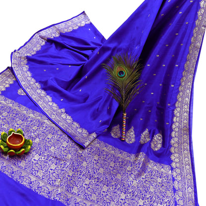 Vintage Royal Blue Banarasi Silk Saree Pure Satin Silk Brocade Fabric with Gold Zari 6 Yard Indian Wedding Craft Material