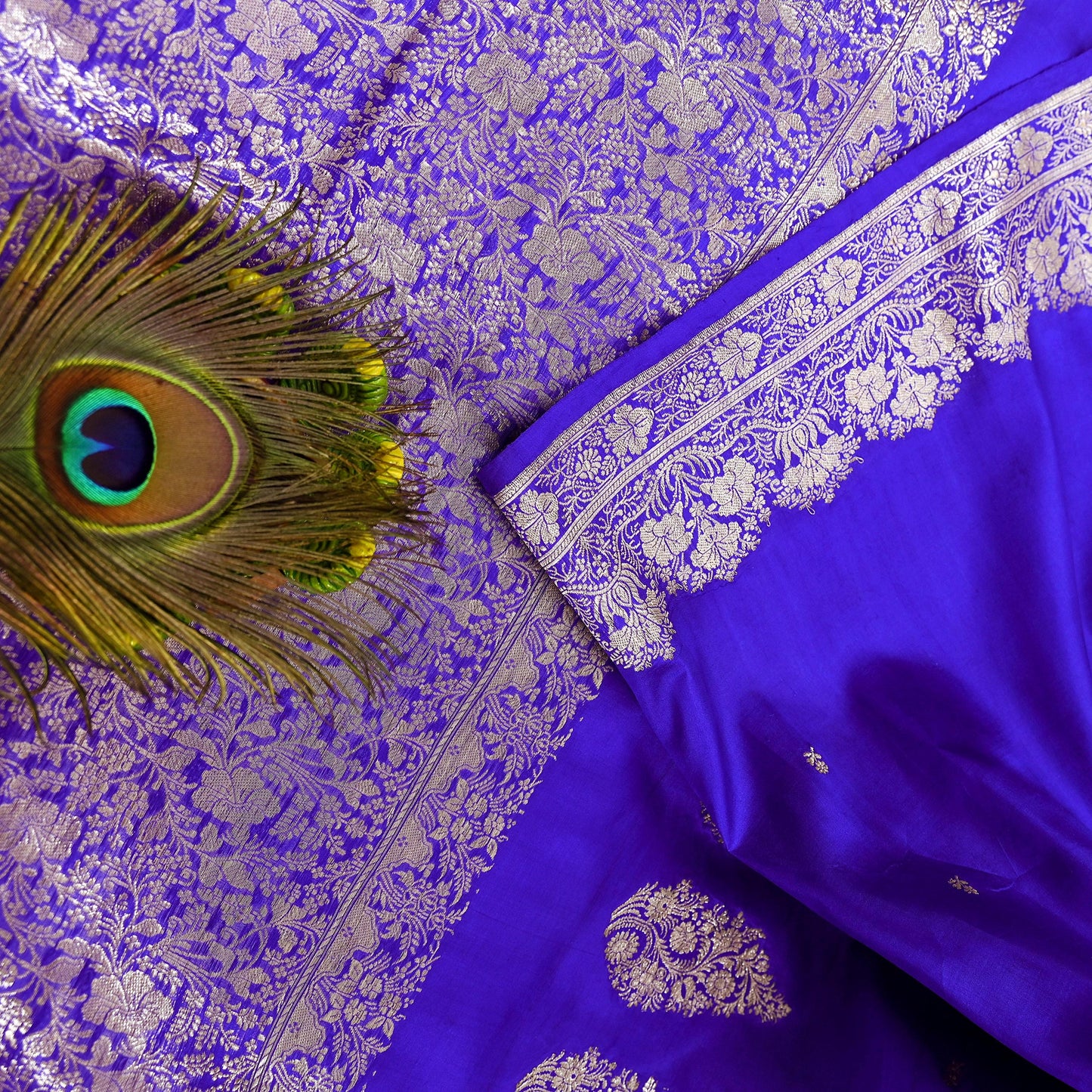 Vintage Royal Blue Banarasi Silk Saree Pure Satin Silk Brocade Fabric with Gold Zari 6 Yard Indian Wedding Craft Material