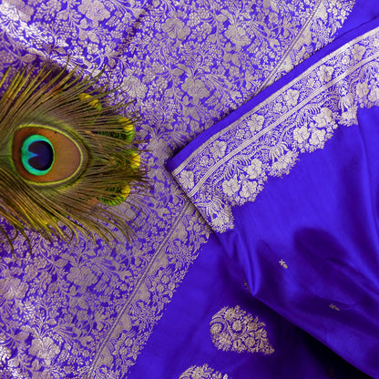 Vintage Royal Blue Banarasi Silk Saree Pure Satin Silk Brocade Fabric with Gold Zari 6 Yard Indian Wedding Craft Material