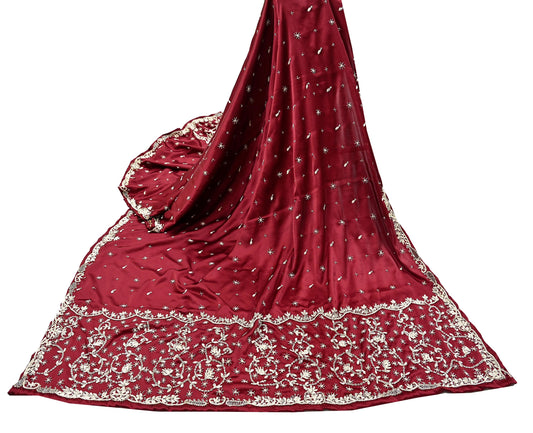 Vintage Maroon Pure Satin Silk Dupatta Hand Embroidered Zardozi Bridal Veil Indian Wedding Heavy Stole Shawl Scarf for Women