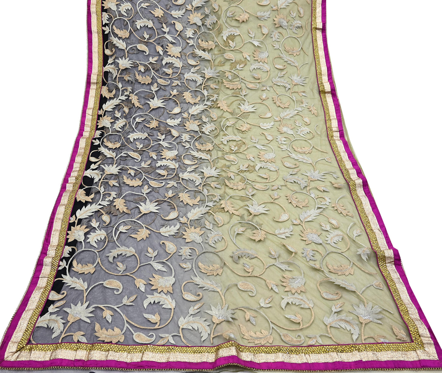 Vintage Black Green Net Saree Hand Embroidered Zardozi Dabka Fabric Indian Wedding Mesh Sari 5Yd Sewing Craft Material