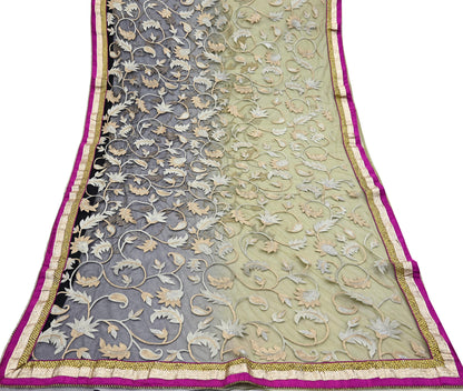 Vintage Black Green Net Saree Hand Embroidered Zardozi Dabka Fabric Indian Wedding Mesh Sari 5Yd Sewing Craft Material