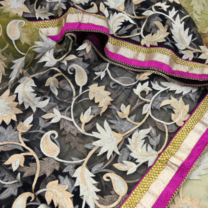 Vintage Black Green Net Saree Hand Embroidered Zardozi Dabka Fabric Indian Wedding Mesh Sari 5Yd Sewing Craft Material
