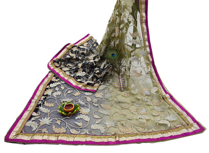 Vintage Black Green Net Saree Hand Embroidered Zardozi Dabka Fabric Indian Wedding Mesh Sari 5Yd Sewing Craft Material