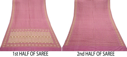 Vintage Pink Banarasi Silk Saree Pure Handwoven Brocade Zari Fabric 5Yd Indian Wedding Craft Material Upcycle Sewing Textile