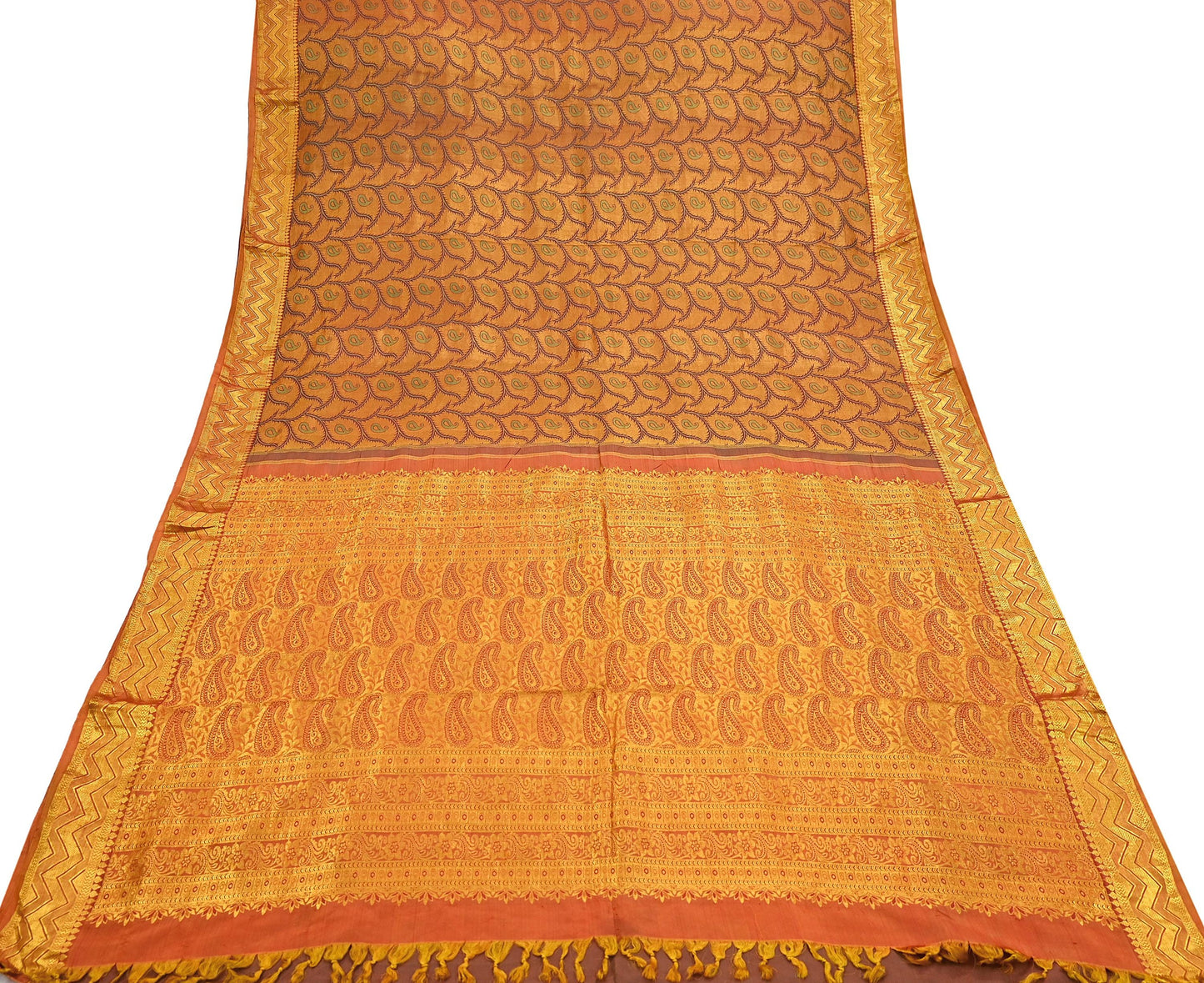 Vintage Kanjivaram Silk Saree Green Saffron Pure Silk Zari Fabric Indian Handwoven 5Yd Craft Material Dressmaking Textile