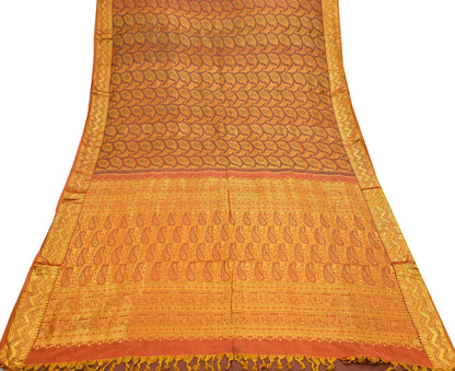 Vintage Kanjivaram Silk Saree Green Saffron Pure Silk Zari Fabric Indian Handwoven 5Yd Craft Material Dressmaking Textile