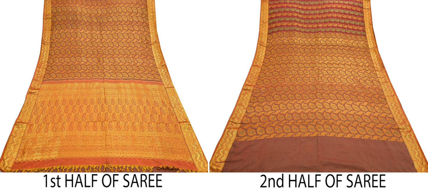 Vintage Kanjivaram Silk Saree Green Saffron Pure Silk Zari Fabric Indian Handwoven 5Yd Craft Material Dressmaking Textile