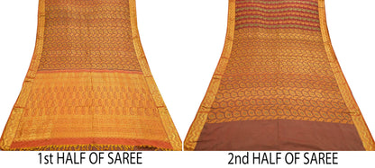 Vintage Kanjivaram Silk Saree Green Saffron Pure Silk Zari Fabric Indian Handwoven 5Yd Craft Material Dressmaking Textile