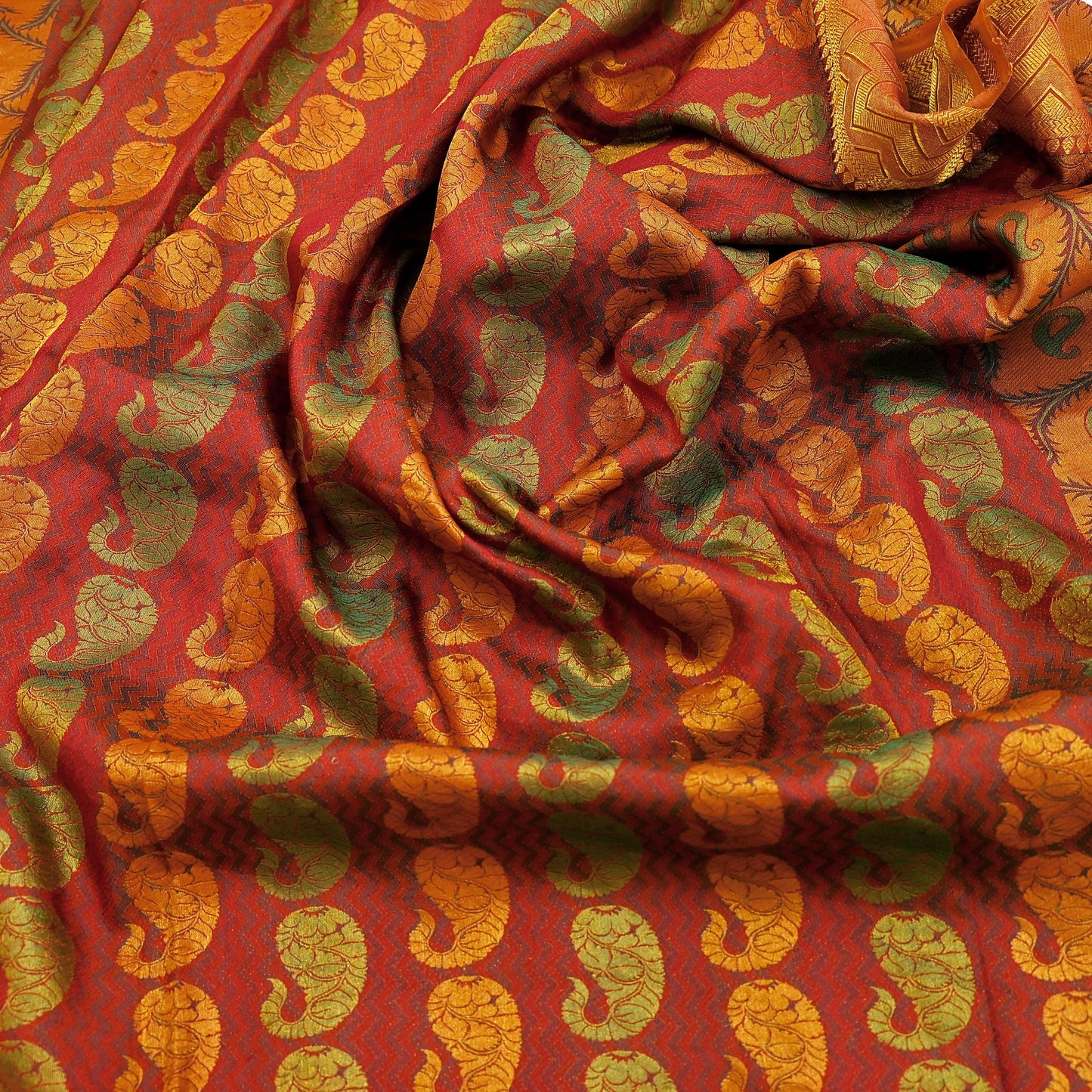 Vintage Kanjivaram Silk Saree Green Saffron Pure Silk Zari Fabric Indian Handwoven 5Yd Craft Material Dressmaking Textile