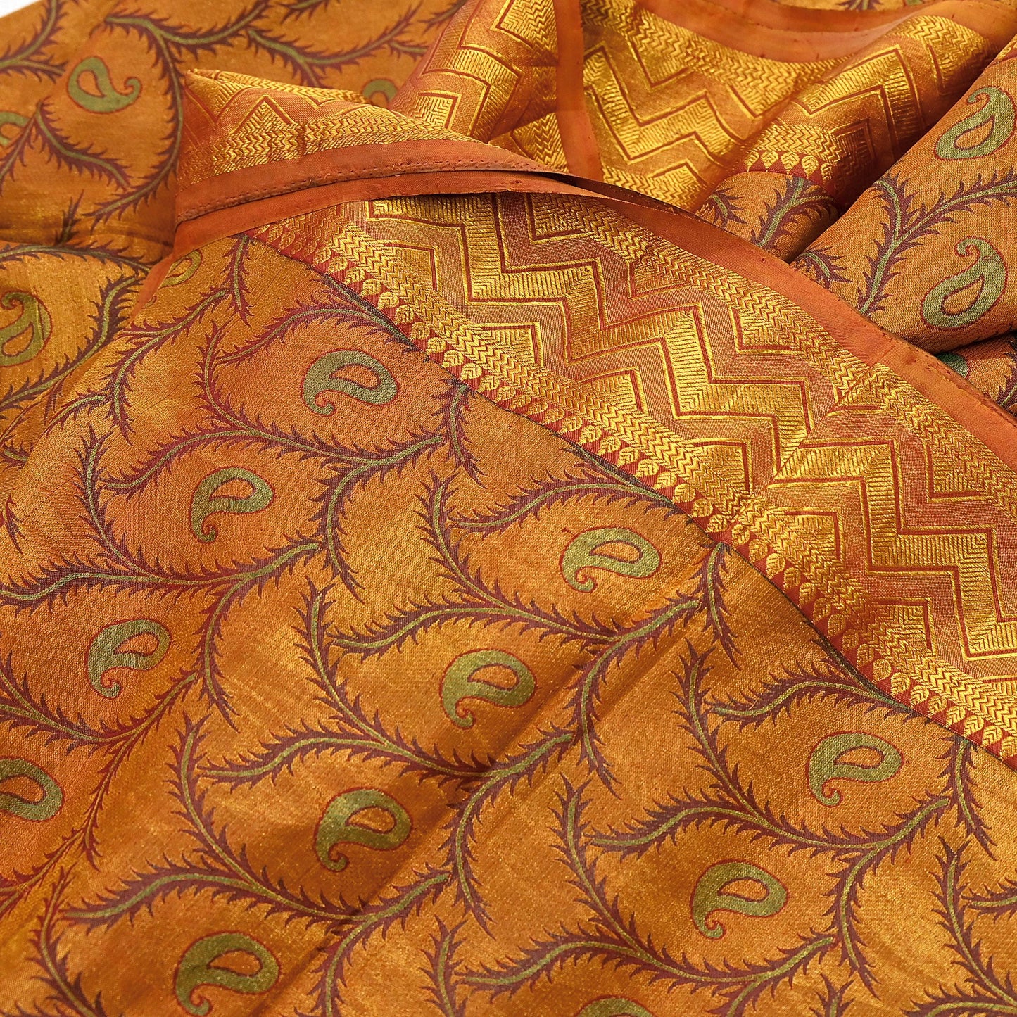 Vintage Kanjivaram Silk Saree Green Saffron Pure Silk Zari Fabric Indian Handwoven 5Yd Craft Material Dressmaking Textile
