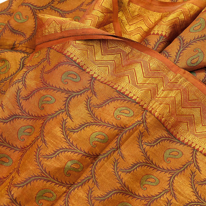Vintage Kanjivaram Silk Saree Green Saffron Pure Silk Zari Fabric Indian Handwoven 5Yd Craft Material Dressmaking Textile