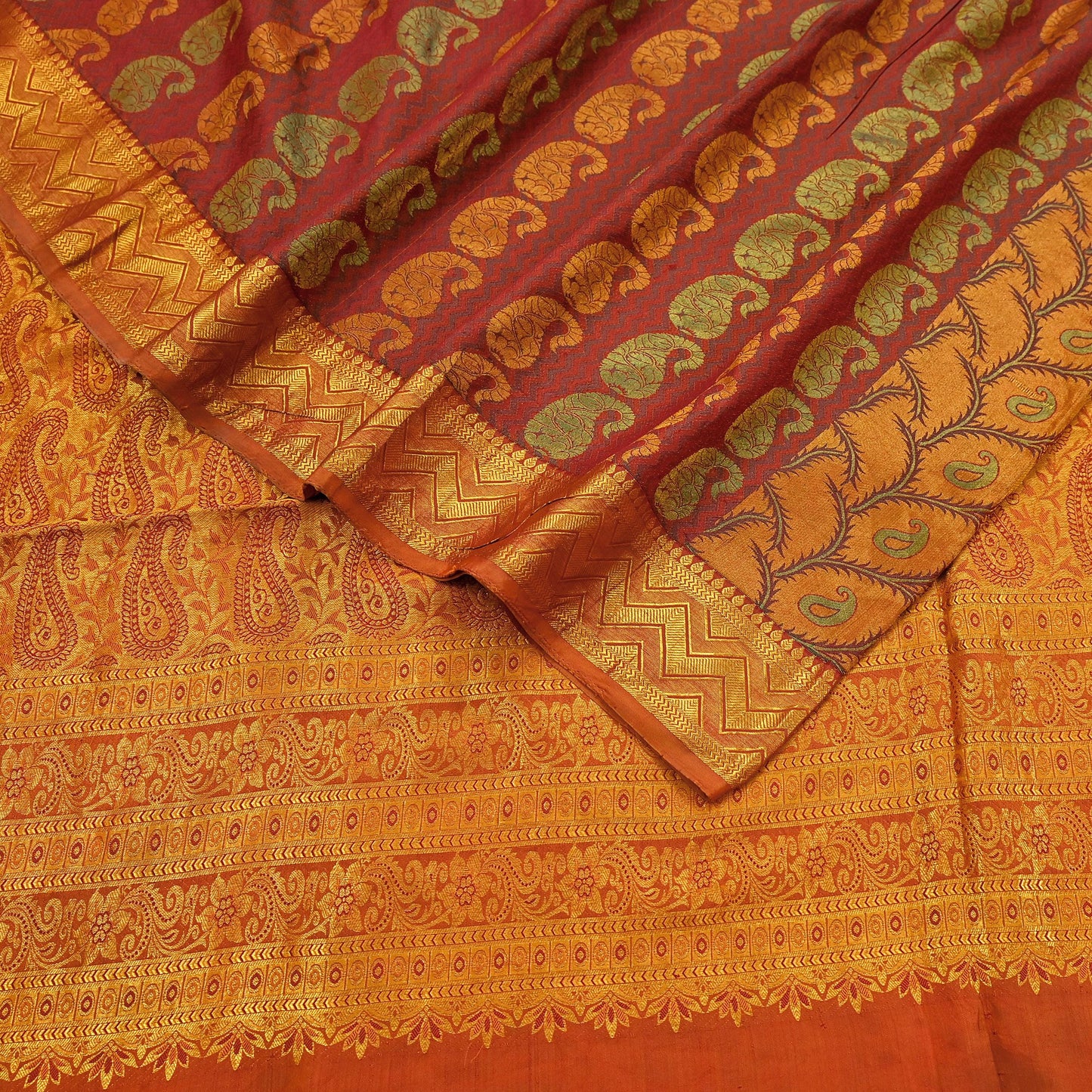 Vintage Kanjivaram Silk Saree Green Saffron Pure Silk Zari Fabric Indian Handwoven 5Yd Craft Material Dressmaking Textile