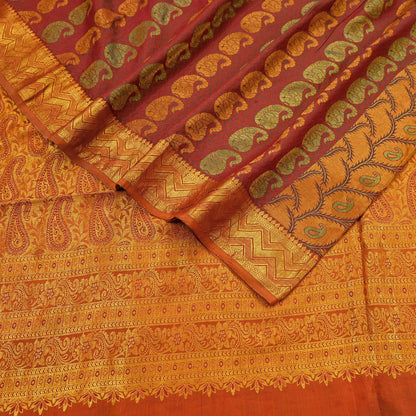 Vintage Kanjivaram Silk Saree Green Saffron Pure Silk Zari Fabric Indian Handwoven 5Yd Craft Material Dressmaking Textile