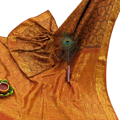 Vintage Kanjivaram Silk Saree Green Saffron Pure Silk Zari Fabric Indian Handwoven 5Yd Craft Material Dressmaking Textile