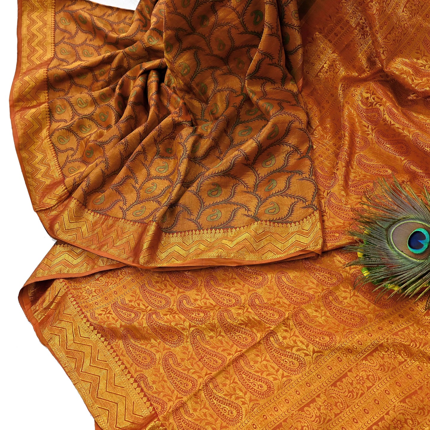 Vintage Kanjivaram Silk Saree Green Saffron Pure Silk Zari Fabric Indian Handwoven 5Yd Craft Material Dressmaking Textile