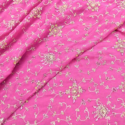 Indian Vintage Heavy Pink Bridal Dupatta Pure Georgette Silk Hand Embroidered Zardozi, Dabka, Zari Work Party Wear Long Stole