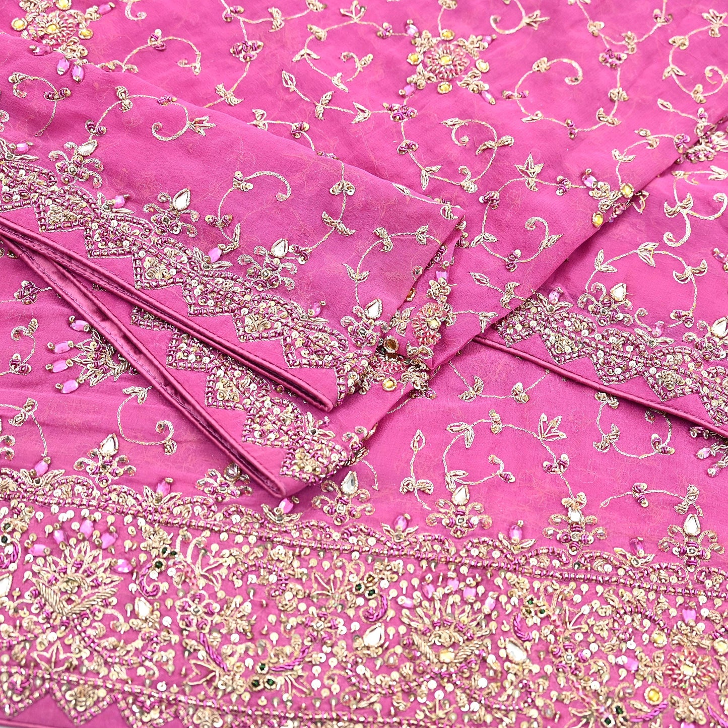 Indian Vintage Heavy Pink Bridal Dupatta Pure Georgette Silk Hand Embroidered Zardozi, Dabka, Zari Work Party Wear Long Stole