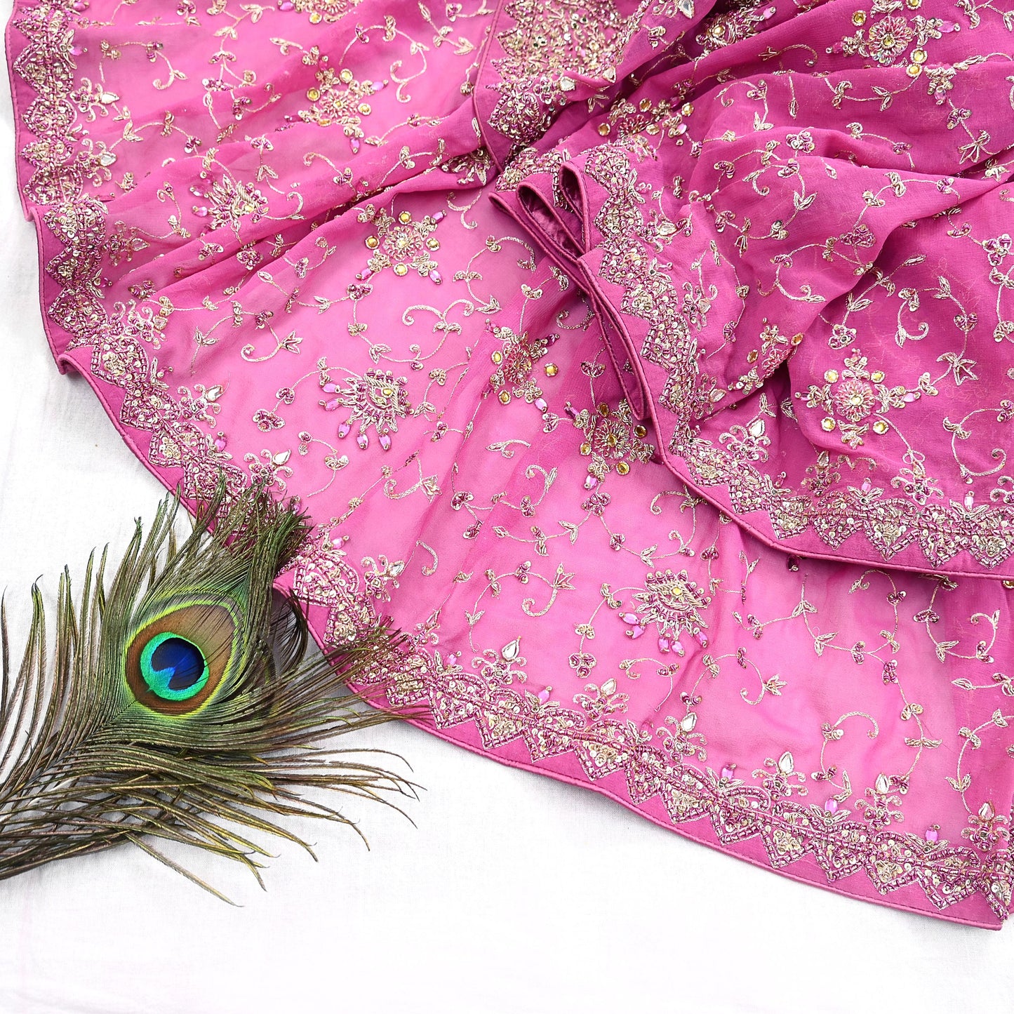 Indian Vintage Heavy Pink Bridal Dupatta Pure Georgette Silk Hand Embroidered Zardozi, Dabka, Zari Work Party Wear Long Stole