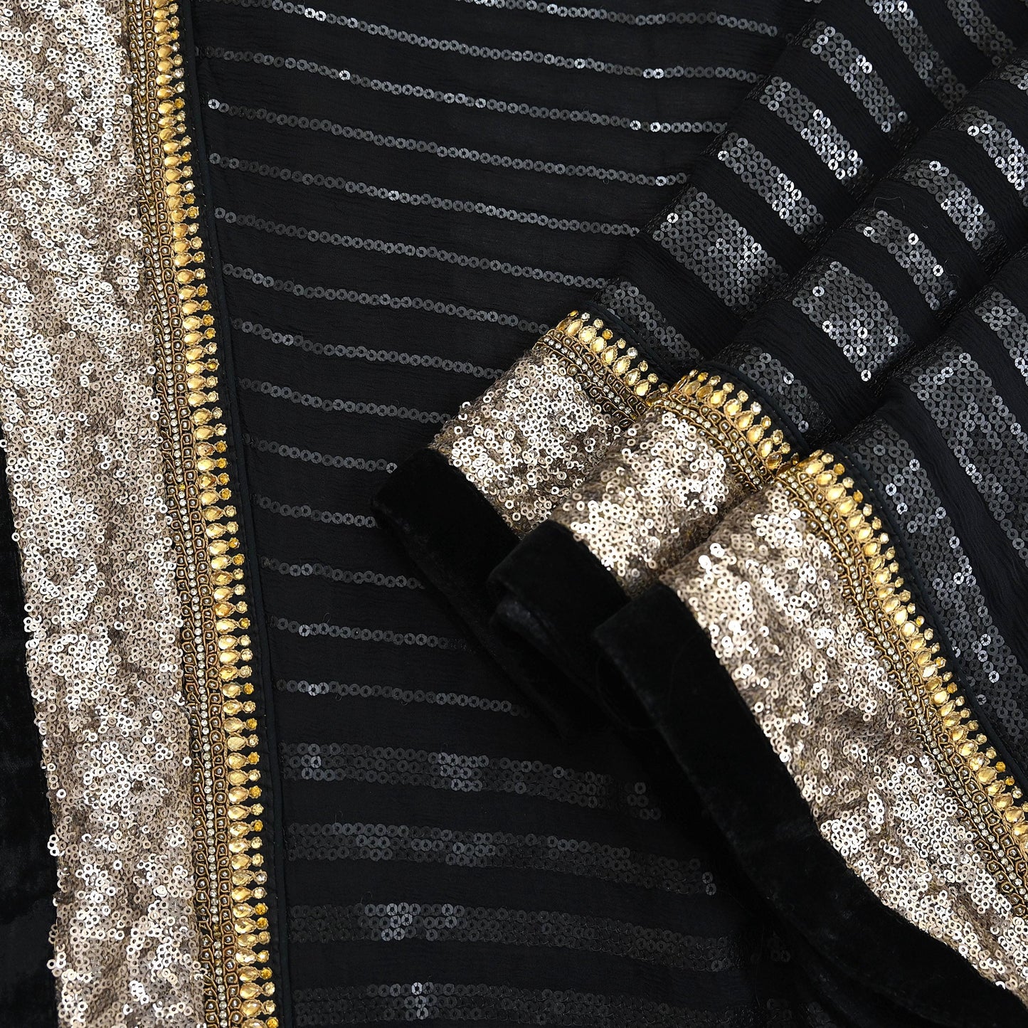 Indian Vintage Heavy Black Dupatta Pure Georgette Silk Long Stole Hand Embroidered Scarf Sequins