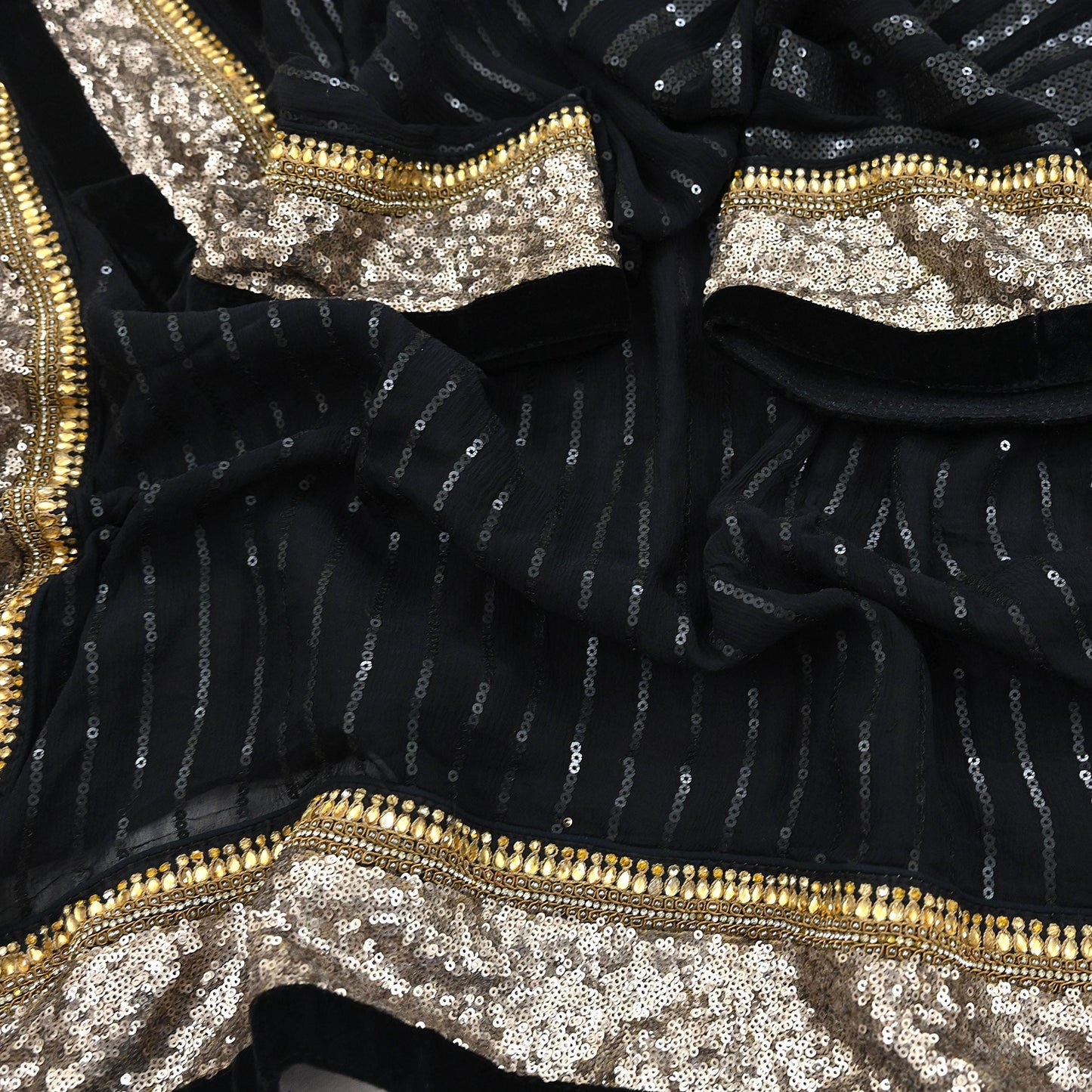 Indian Vintage Heavy Black Dupatta Pure Georgette Silk Long Stole Hand Embroidered Scarf Sequins