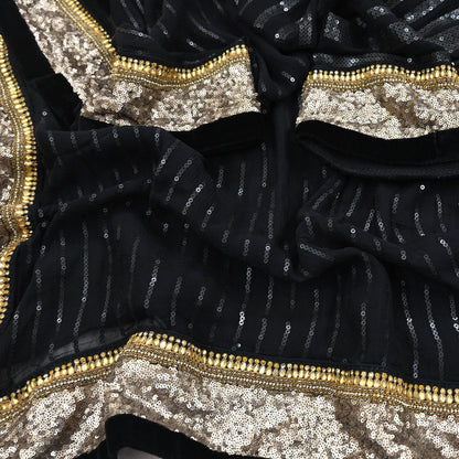 Indian Vintage Heavy Black Dupatta Pure Georgette Silk Long Stole Hand Embroidered Scarf Sequins